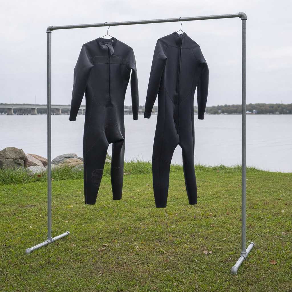 a couple of plain wetsuits hanging on a rack to dry beside a lake