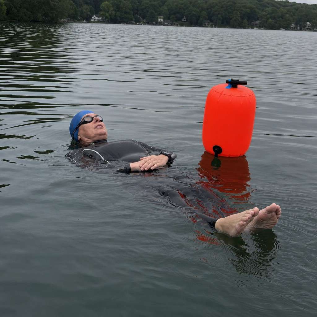 an open-water swimmer pausing to float on their back beside a buoy