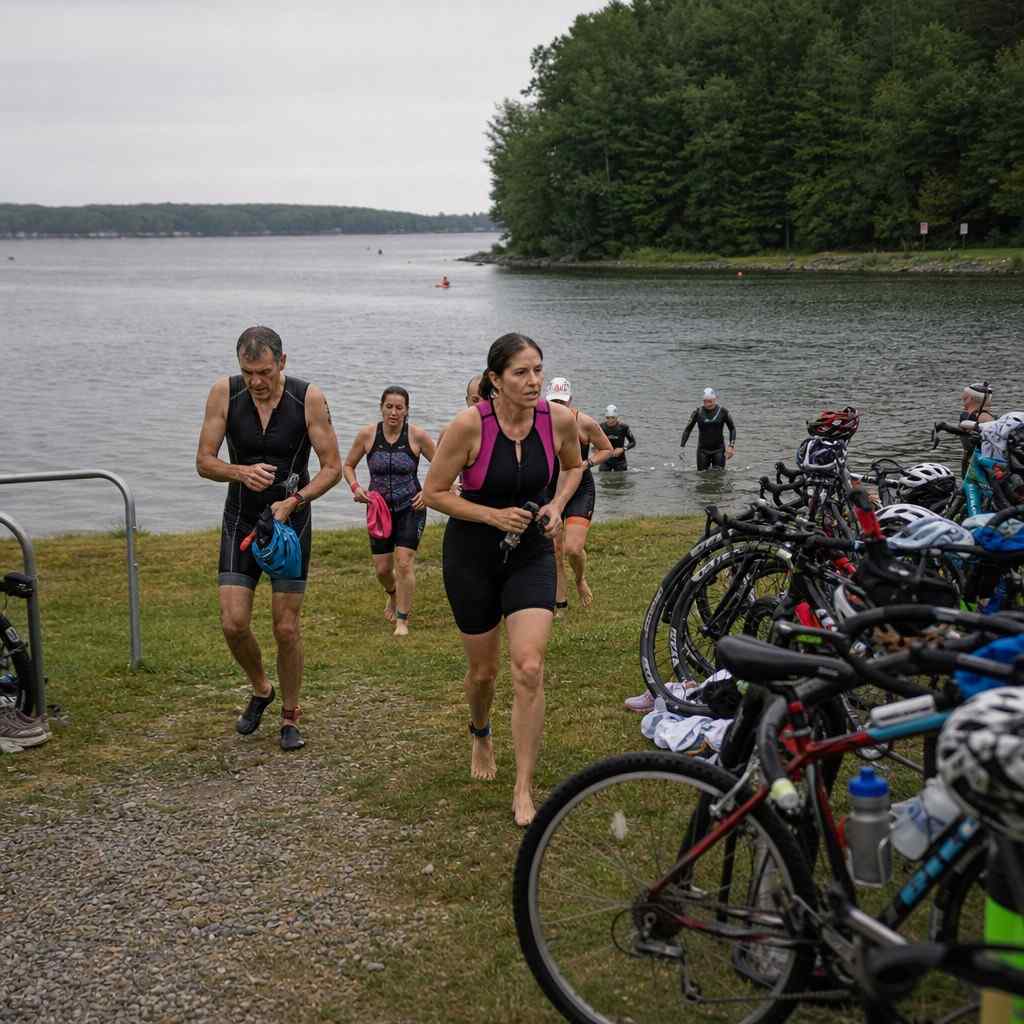 ordinary age-group athletes jogging up from a calm lake toward racked bikes at a small triathlon