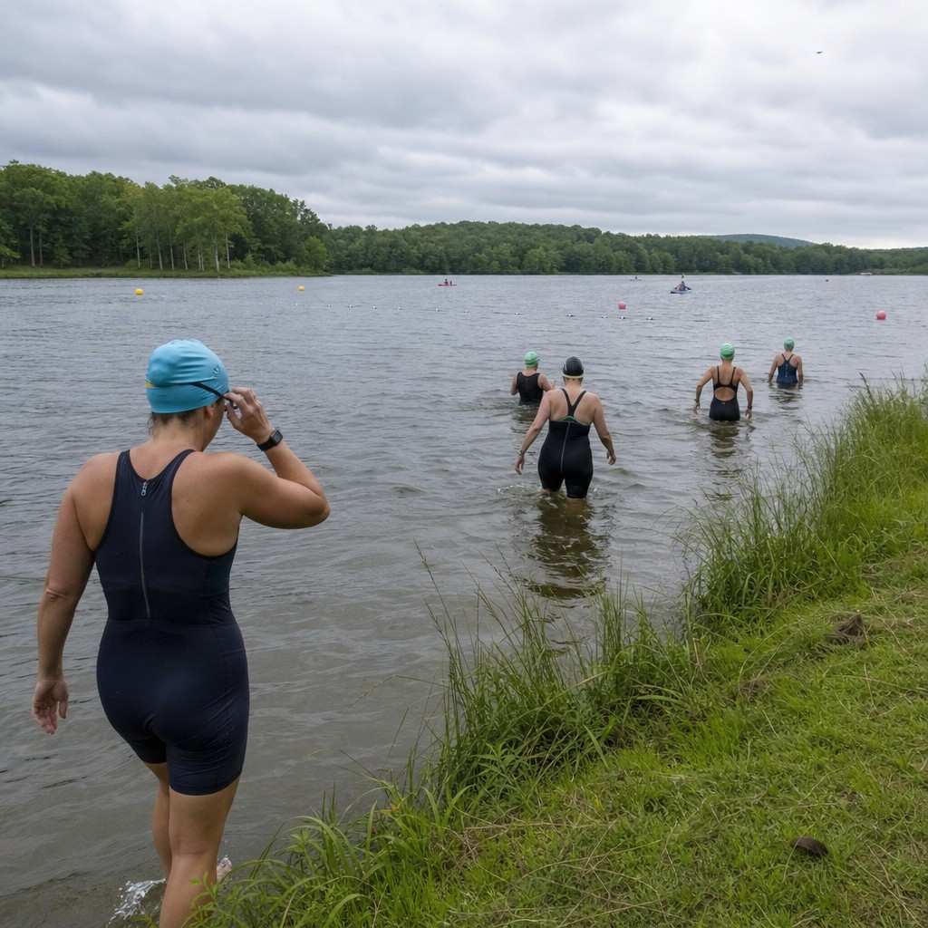 a calm supervised open-water swim area marked with buoys at a local lake