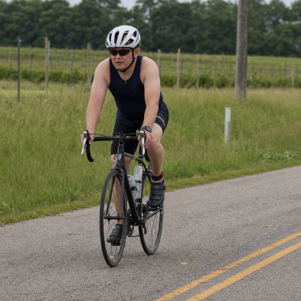an ordinary cyclist riding a road bike on a quiet road during a local triathlon