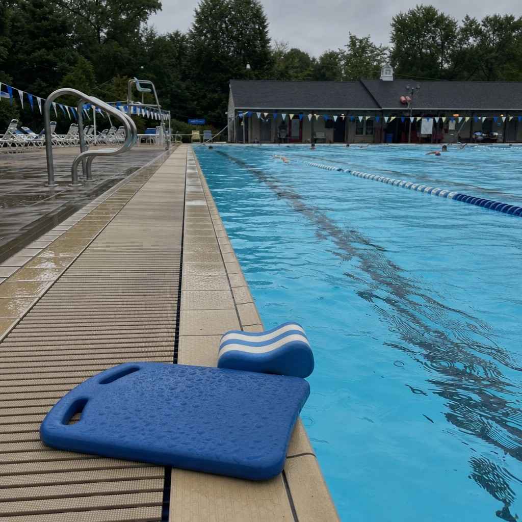 an empty quiet lane in a public pool with a kickboard resting on the edge