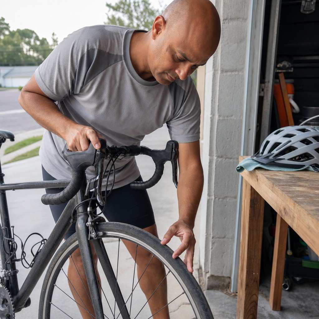 close view of hands squeezing the brake lever to check a road bike before a ride