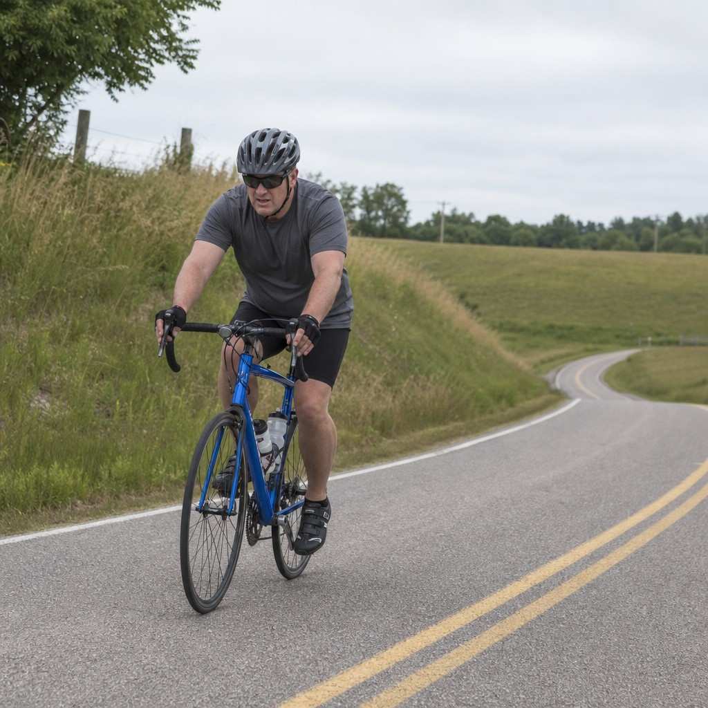 a cyclist spinning up a gentle hill in a low gear on a quiet road
