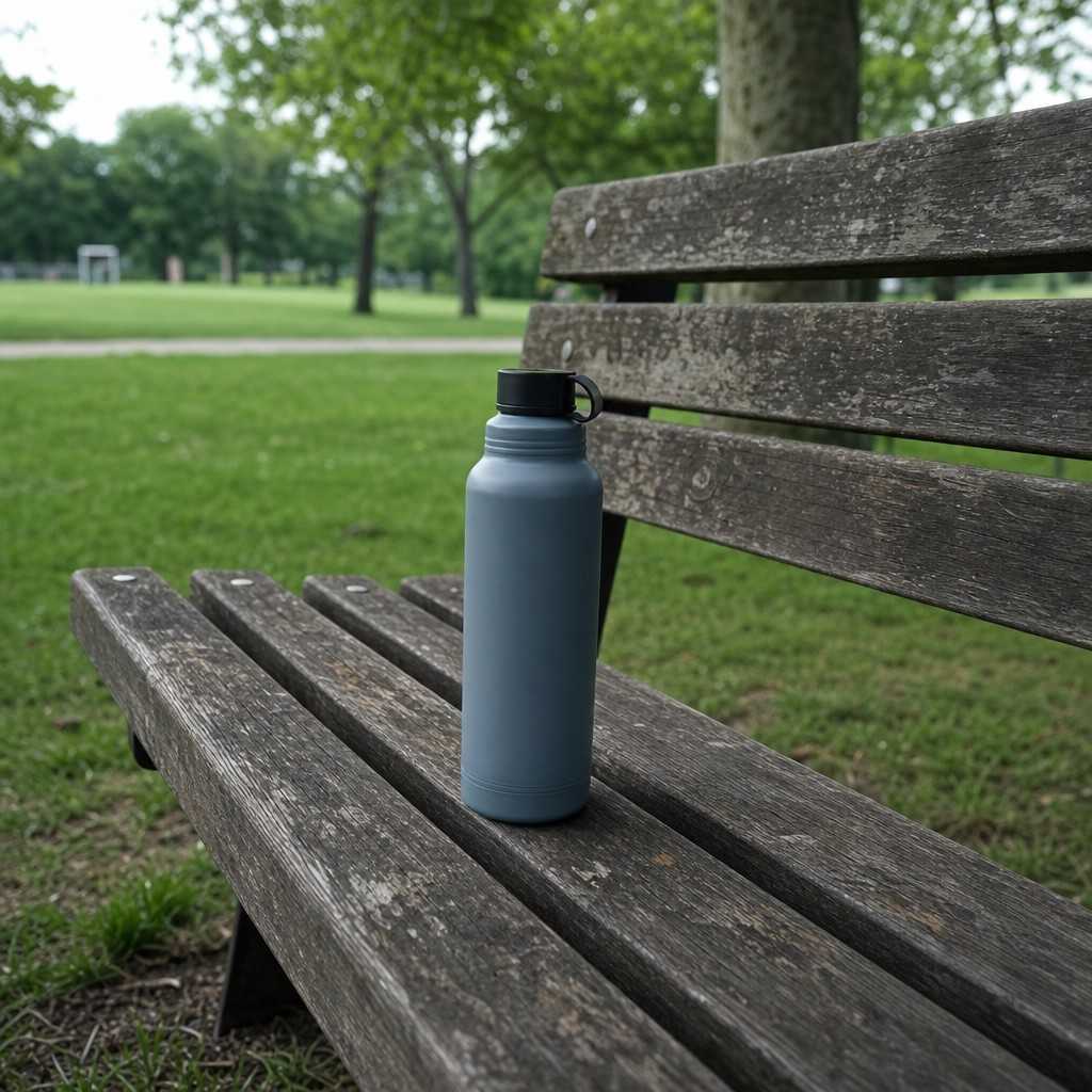 a single plain reusable water bottle resting on a park bench