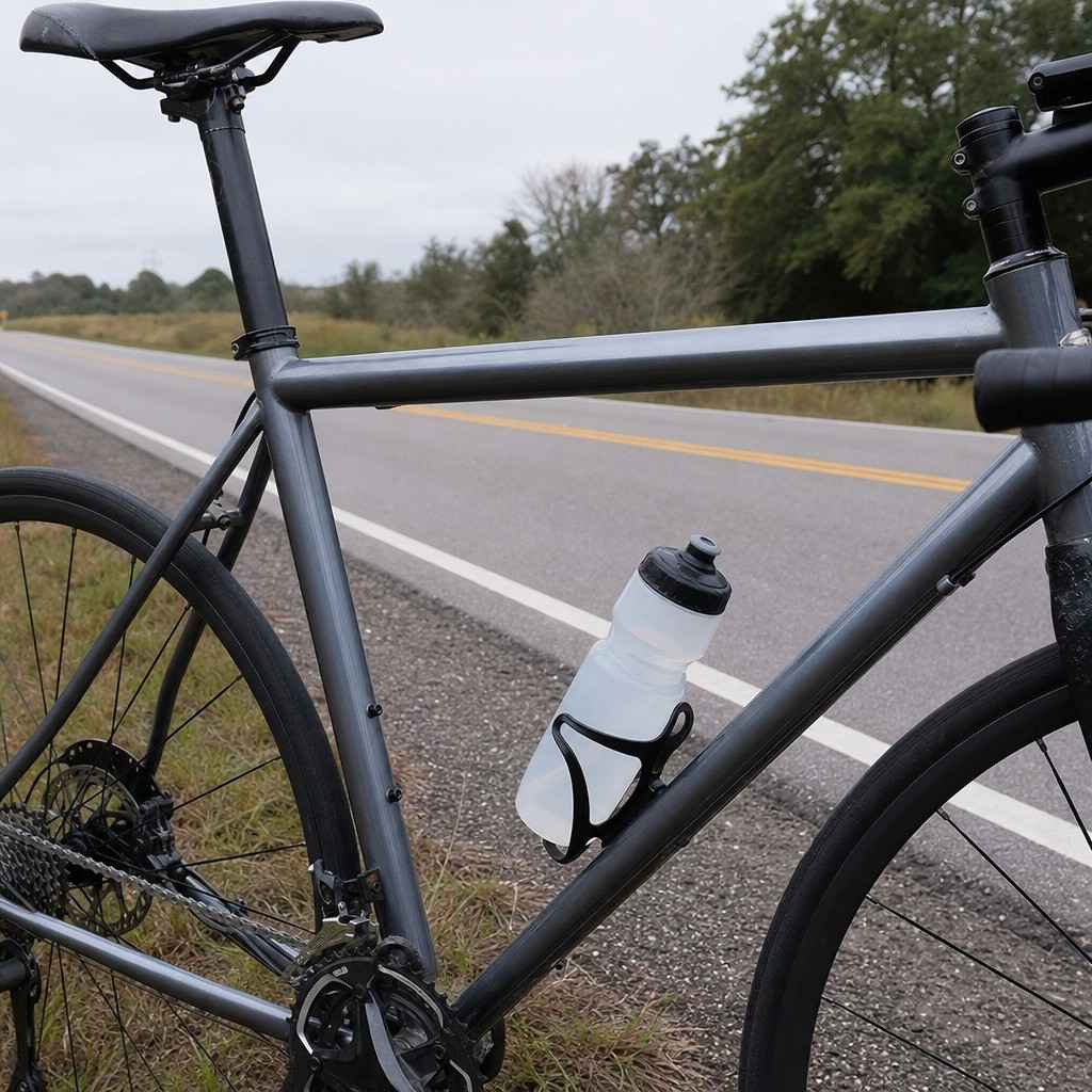 a single water bottle in the cage of a road bike on a quiet road