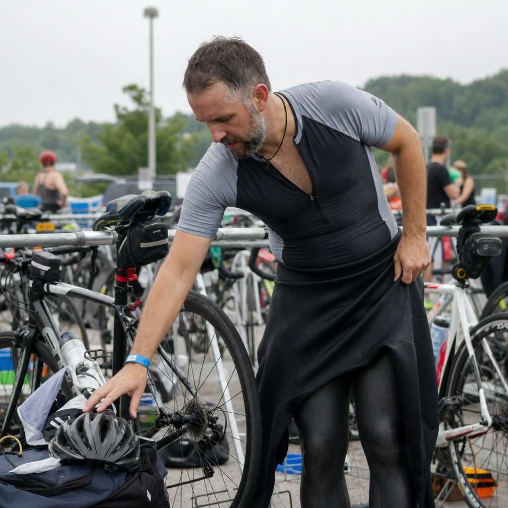 a triathlete at the bike rack pulling a wetsuit to the waist and reaching for a helmet