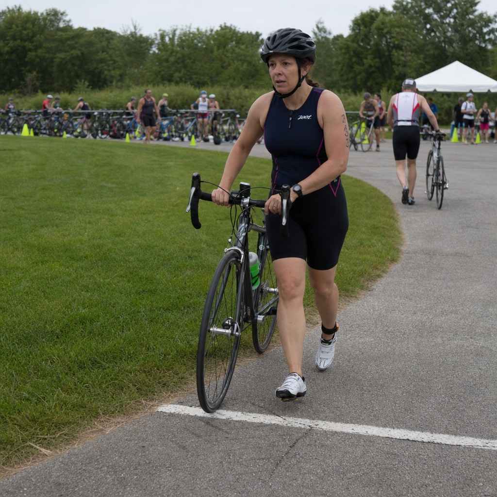 a triathlete running a road bike toward the painted mount line